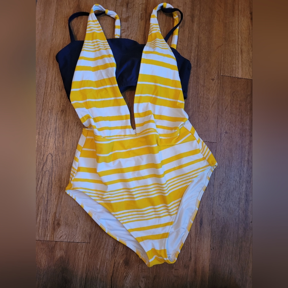 Aerie tellow, white stripe and navy one piece bathing suit - Size Large